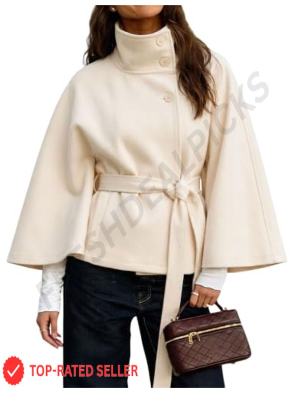 Women Wool Blend Cape Poncho Coat Stand Collar Batwing Sleeve